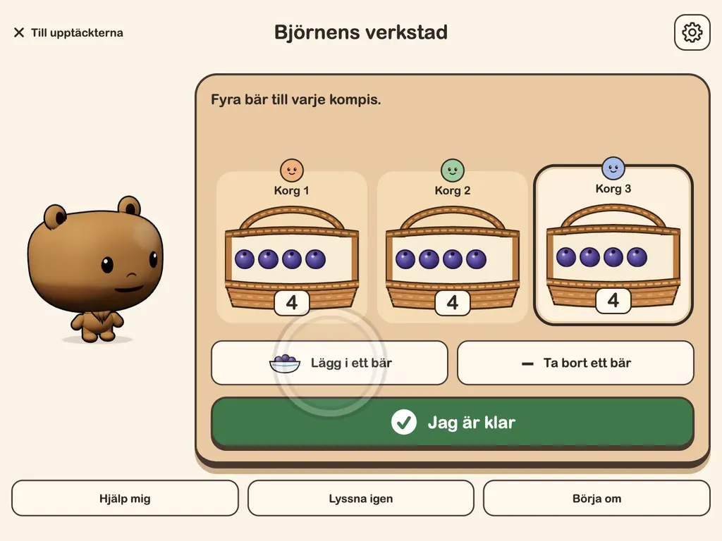 Björnens verkstad: barnet lägger fyra bär i var och en av tre korgar, och björnen frågar vad trean i 3 × 4 berättar.